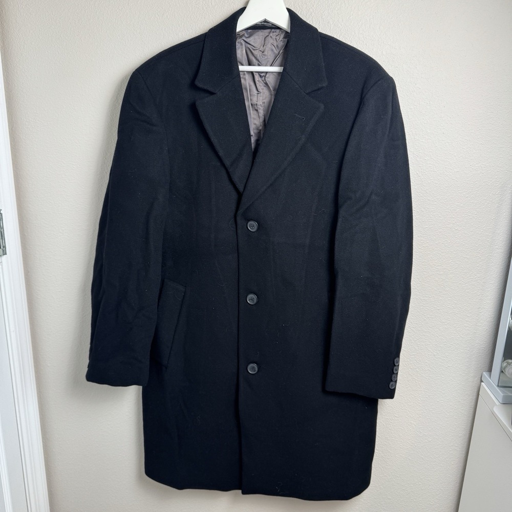 Calvin Klein Overcoat 40R Regular Black Wool Blend Three Button Long Trench Coat